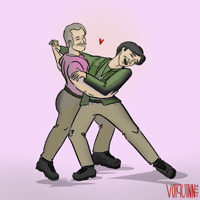 Digital Art. BJ Hunnicut and Hawkeye Pierce from MASH. The two are dancing together, Hawkeye tosses his head back in laughter while BJ looks at him adoringly.