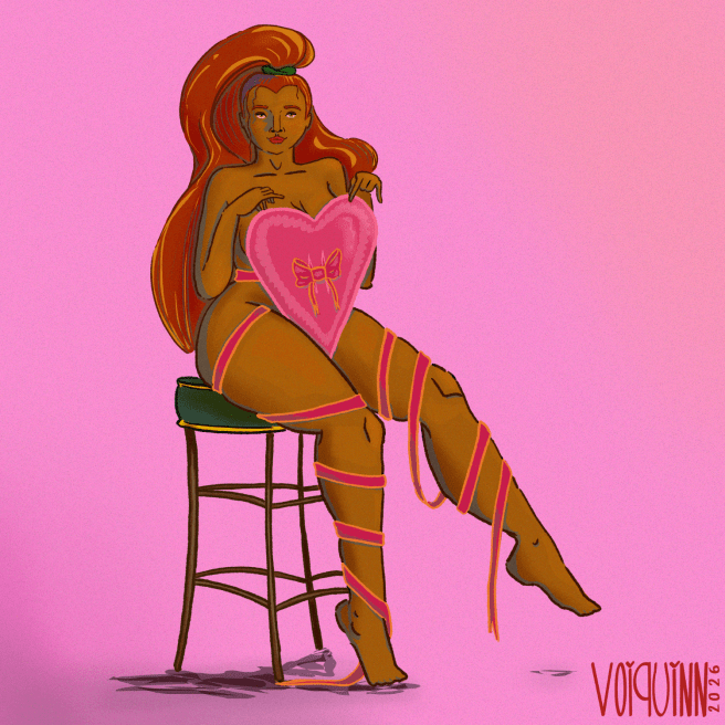 Digital Art. A woman with warm brown skin and red hair in a high pony sits on a stool, she is holding up a pink heart shaped paper cut out to cover up, her legs are loosely wrapped in ribbon.