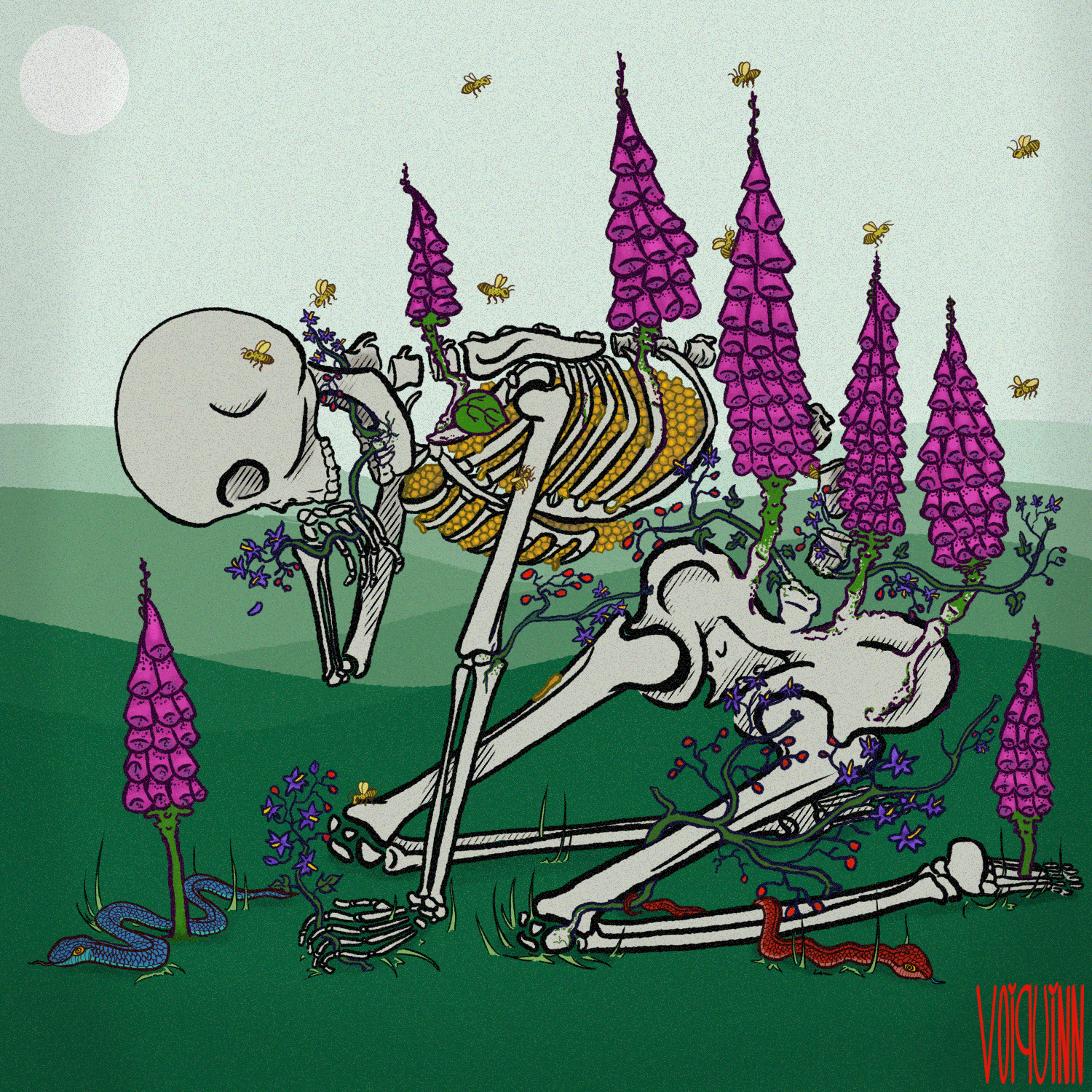Digital Art. A skeleton is on their hands and knees, wiping at their mouth with the back of their right hand. Inside their rib cage is a beehive overflowing with honey. Growing from their bones are stalks of foxglove and vines of bitter sweet nightshade. All around the heaving skeleton buzz busy honey bees.