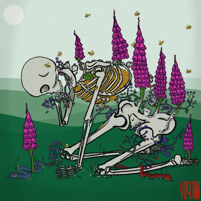 Digital Art. A skeleton is on their hands and knees, wiping at their mouth with the back of their right hand. Inside their rib cage is a beehive overflowing with honey. Growing from their bones are stalks of foxglove and vines of bitter sweet nightshade. All around the heaving skeleton buzz busy honey bees.