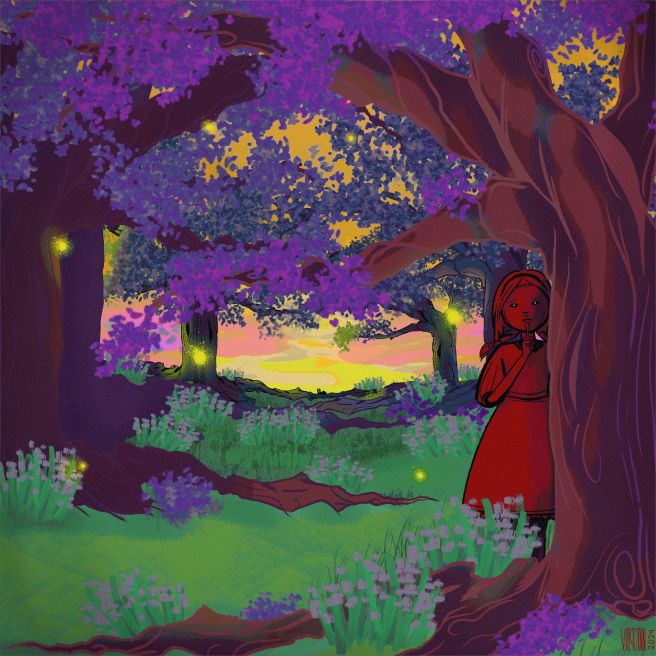 Digital Art. A forest of twisting trees with purple leaves lead down a grassy path to the horrizon past the trees, a warm wash of yellow and orange sunset peaking through the leaves. Stepping out from behind the front most tree is a young girl. She is wearing a simple mask and dress, her hair in two braids, and she is entirely red. She looks at the viewer and gestures for them to be silent.