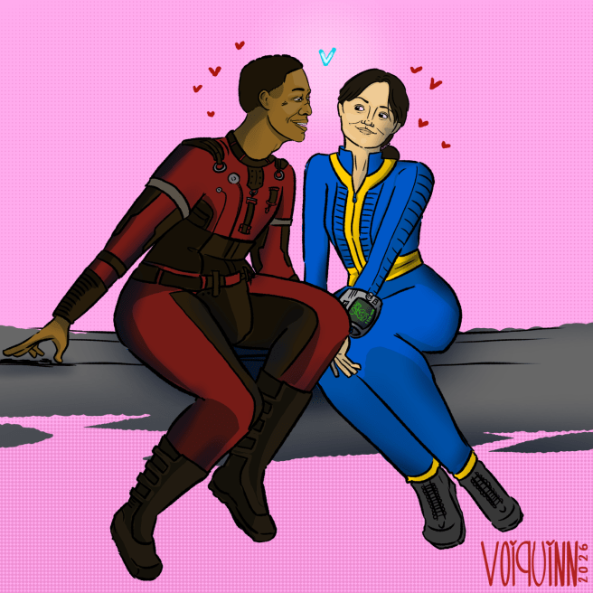 Digital art. Maximus and Lucy from Fallout. A man in a red jumpsuit sits next to a woman in a blue jumpsuit. They look at each other adoringly.