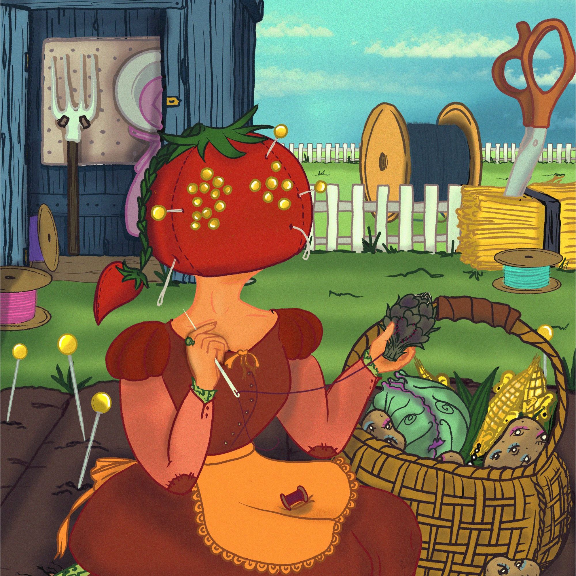 Digital Art. A girl sits in a tilled field. She is wearing a simple brown dress and yellow apron, and her head is a large tomato sewing pincushion with clusters of yellow pin heads and needle ends acting as the features of her face. She is sewing on hearts to an artichoke. In the basket next to her is a head of cabbage, potatoes with pastels and mascara framing their many eyes, and corn cobs with ears growing from the kernels. Behind her is a blue tool shed, inside a pitchfork and rotary cutter. Along the white fence there are giant spools of thread and a pair of fabric scissors stabbed into a hay bail.