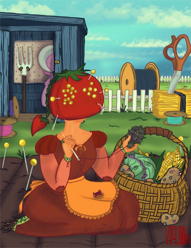 Digital Art. A girl sits in a tilled field. She is wearing a simple brown dress and yellow apron, and her head is a large tomato sewing pincushion with clusters of yellow pin heads and needle ends acting as the features of her face. She is sewing on hearts to an artichoke. In the basket next to her is a head of cabbage, potatoes with pastels and mascara framing their many eyes, and corn cobs with ears growing from the kernels. Behind her is a blue tool shed, inside a pitchfork and rotary cutter. Along the white fence there are giant spools of thread and a pair of fabric scissors stabbed into a hay bail.