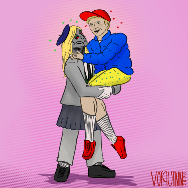 Digital Art. The Law and Rebecca Barbara/ShotBot from Video Game Highschool. A robot dressed as a female high school student holds up a guy wearing a bright blue puff jacket, a red cap and shoes, and yellow shorts.