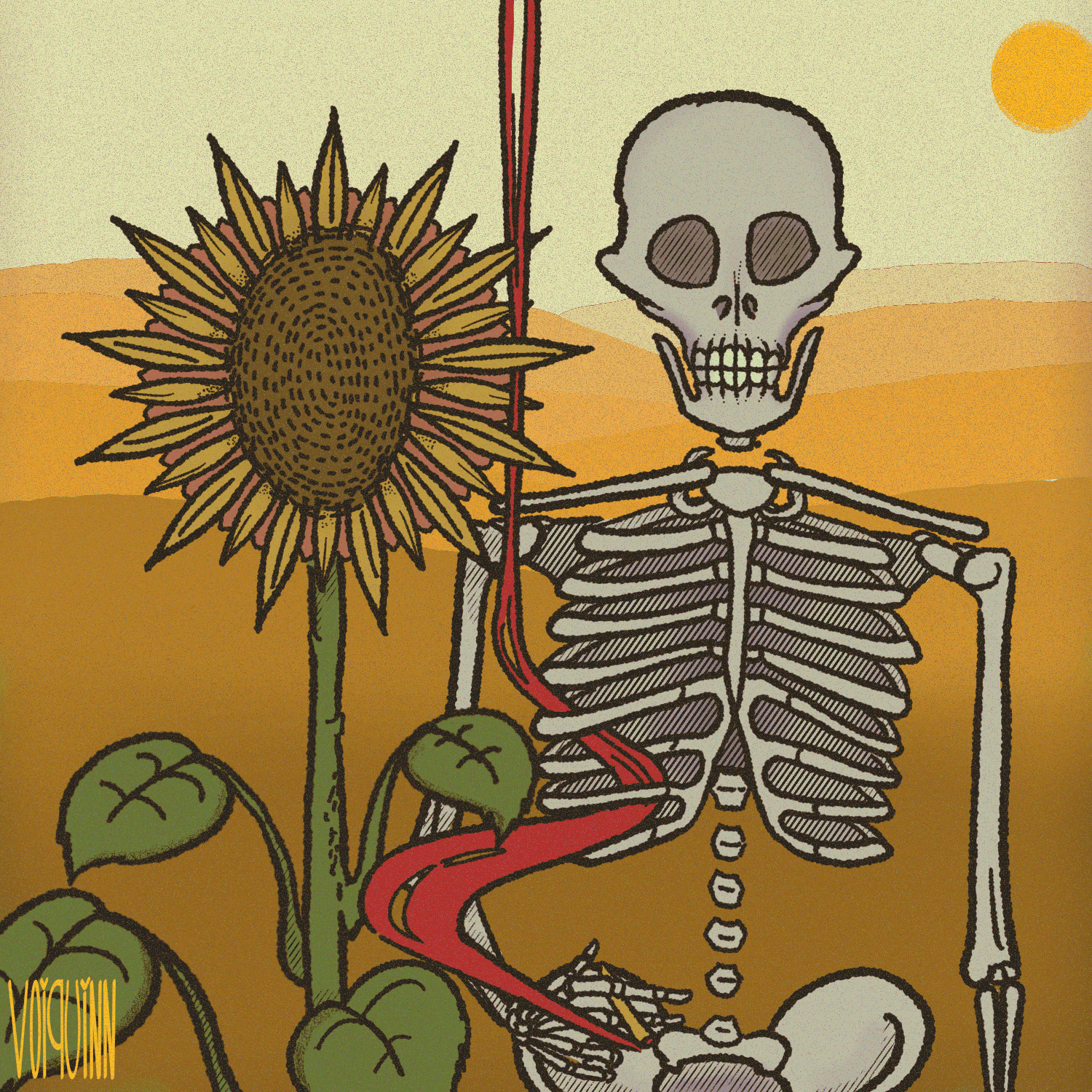 Digital Art. A sunflower and a skeleton stand together side by side facing the viewer. The skeleton holds a lit joint in its right hand, red smoke wafts up between the sunflower and skeleton.