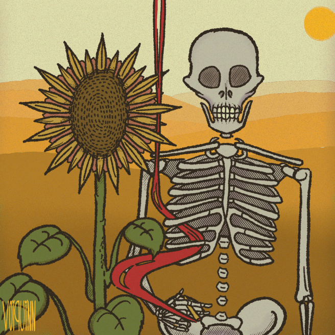 Digital Art. A sunflower and a skeleton stand together side by side facing the viewer. The skeleton holds a lit joint in its right hand, red smoke wafts up between the sunflower and skeleton.