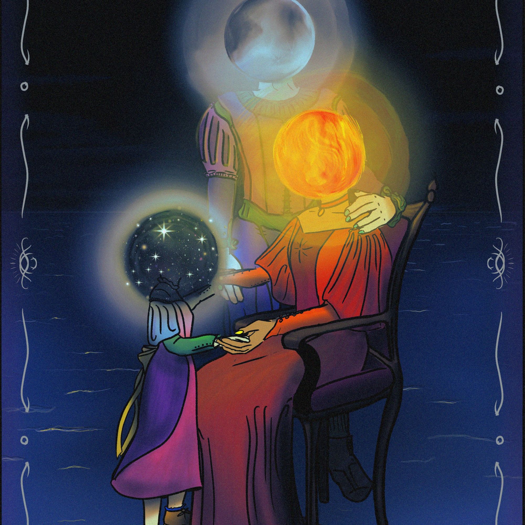 Digital Art. A family gathers in a void space, with darkness above and shallow water at their feet. A woman sits in a chair, her dress is red and her head is the swirling fire of the Sun. Behind her stands a man with her arm around her shoulder, he is dressed in pastels and his head is the soft radiant full moon. Looking up at them both is a young child, she wears a colorful dress and her head is a cluster of a bright galaxy of stars