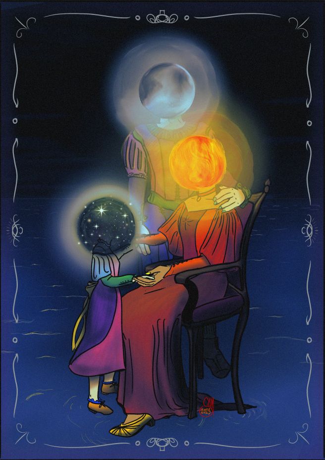 Digital Art. A family gathers in a void space, with darkness above and shallow water at their feet. A woman sits in a chair, her dress is red and her head is the swirling fire of the Sun. Behind her stands a man with her arm around her shoulder, he is dressed in pastels and his head is the soft radiant full moon. Looking up at them both is a young child, she wears a colorful dress and her head is a cluster of a bright galaxy of stars