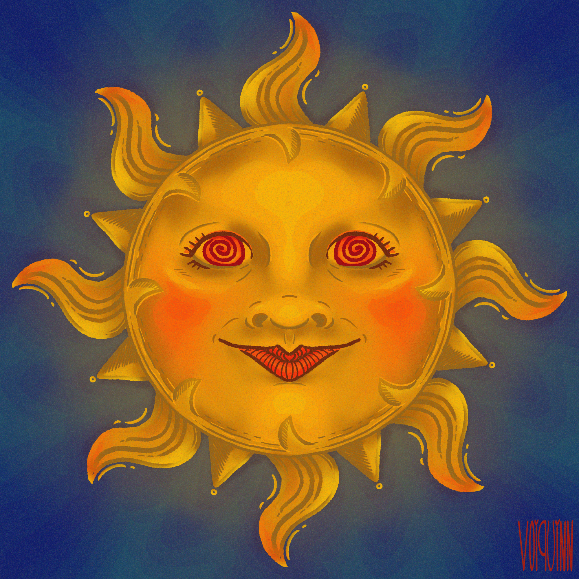 Digital Art. A large bright sun with 16 rays alternating between long and twirling and short and sharp, in the center of the sun is a face with spiral eyes and a gentle smile.