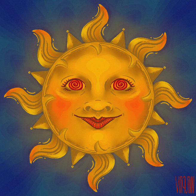 Digital Art. A large bright sun with 16 rays alternating between long and twirling and short and sharp, in the center of the sun is a face with spiral eyes and a gentle smile.