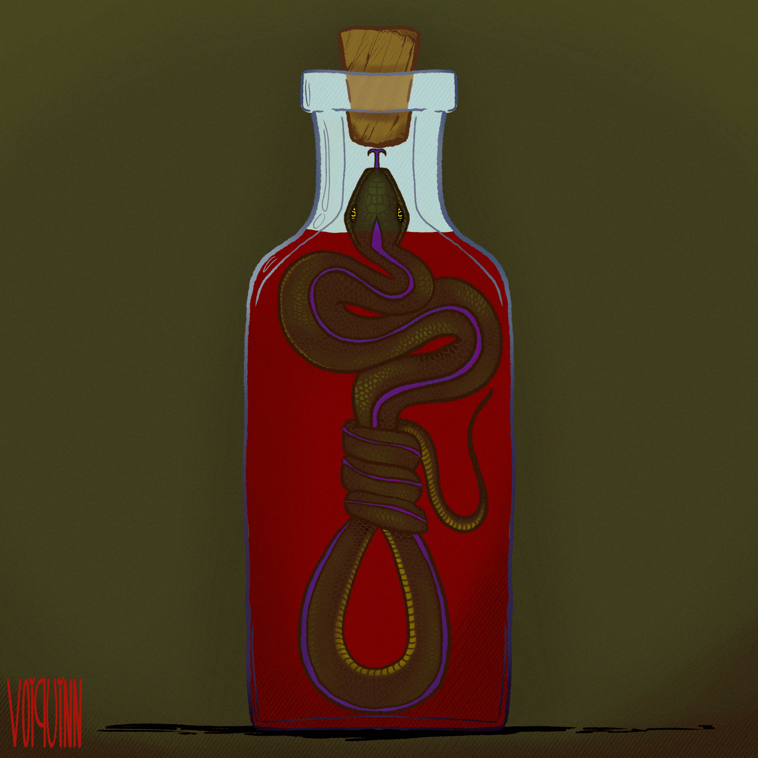 Digital Art. A corked bottle against an olive green background. The bottle is filled with a red liquid and a snake coiled onto itself forming the shape of a noose.